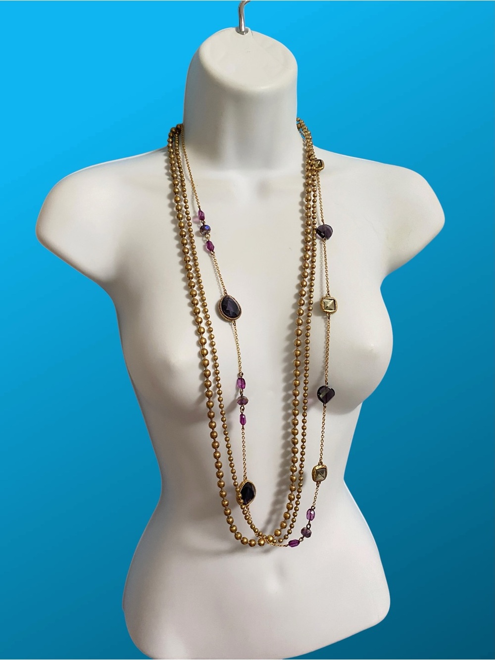 CHICO'S Necklace Antiqued Gold Tone & Purple Glass Long Necklace